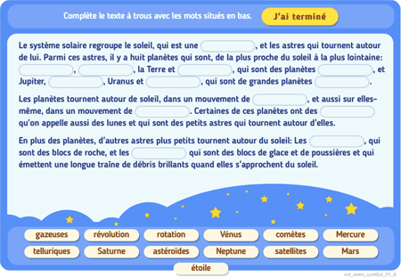 Texte à trous : le système solaire 