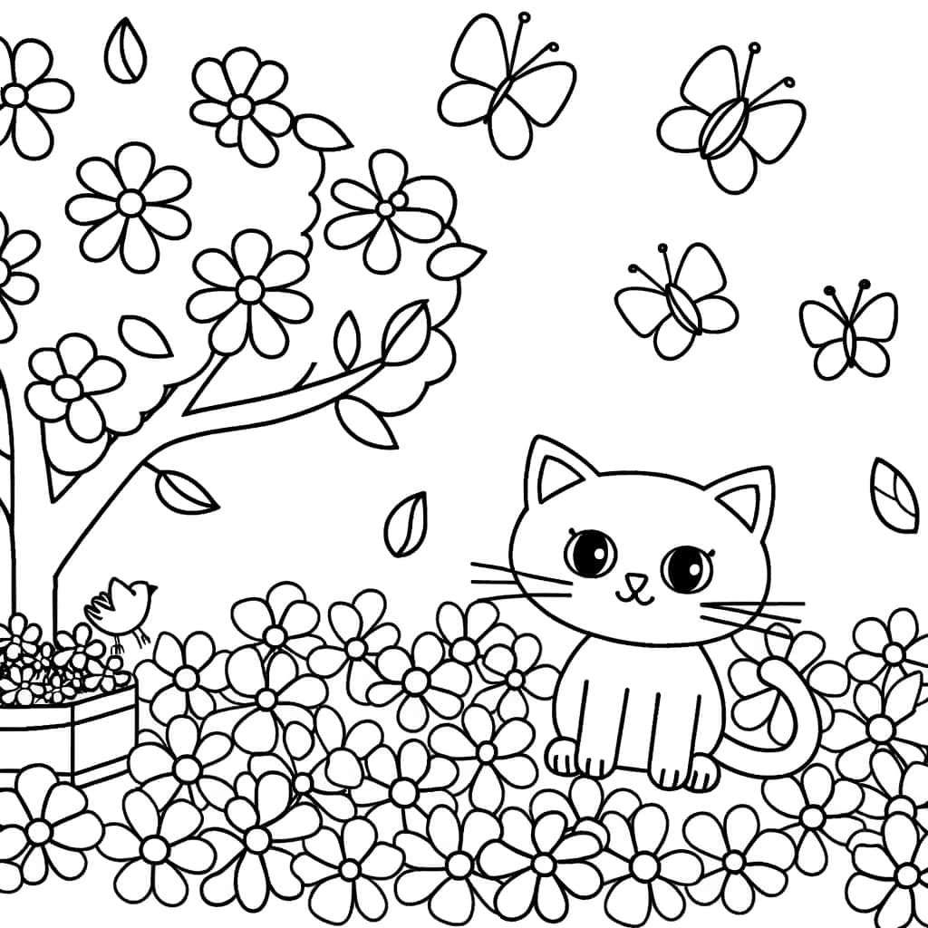 Chat jardin fleuri