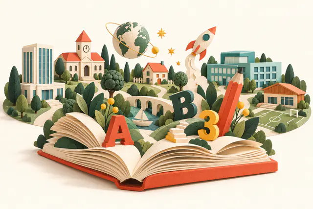 Illustration en papier : entreprise, mairie, hôpital et club réunis autour d’un grand livre ouvert