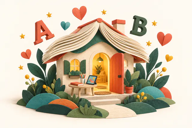 Illustration en papier : une maison accueillante abritée par un livre ouvert, avec un coin pour apprendre
