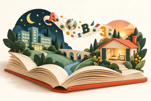 Illustration en papier : un hôpital la nuit et une maison éclairée reliés par un livre ouvert