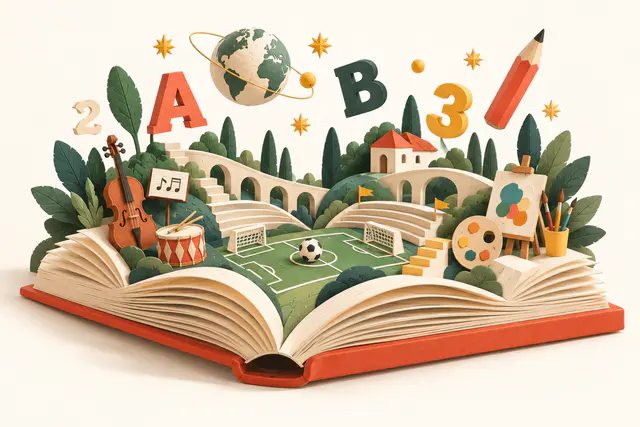 Illustration en papier : terrain de sport, musique et peinture réunis sur les pages d’un livre ouvert
