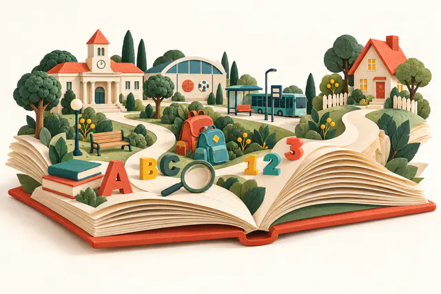 Illustration en papier : les services d’une collectivité reliés à la maison des agents par le chemin d’un livre