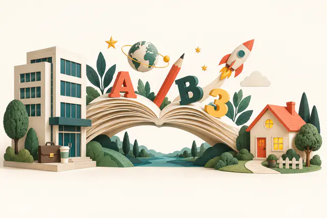 Illustration en papier : un bureau relié à la maison familiale par un livre ouvert, symbole d’un avantage éducatif du CSE