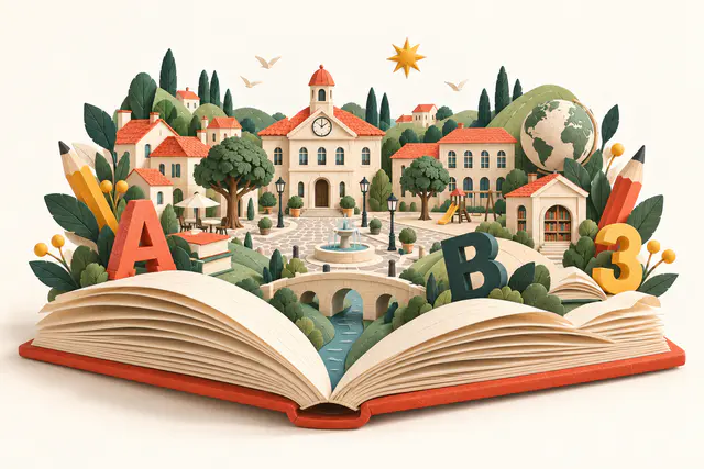 Illustration en papier : une place de village avec sa mairie et son école posée sur un grand livre ouvert